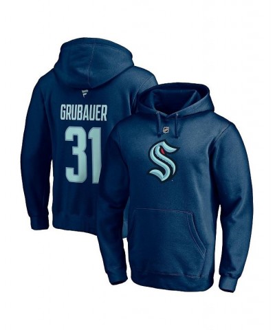 Men's Branded Philipp Grubauer Deep Sea Blue Seattle Kraken Authentic Stack Name and Number Pullover Hoodie $33.00 Sweatshirt