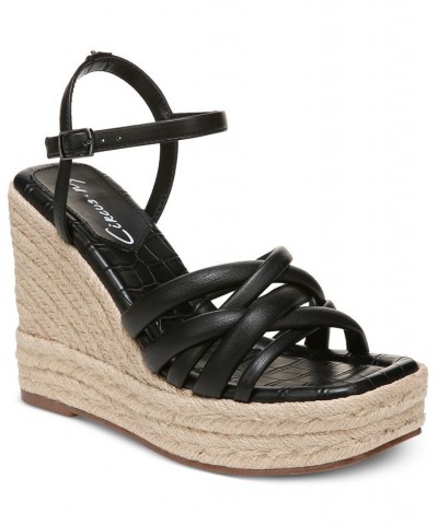 Irene Strappy Espadrille Platform Wedge Sandals Black $50.14 Shoes