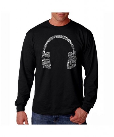 Men's Word Art Long Sleeve T-Shirt- Headphones - Music In Different Languages Black $17.20 T-Shirts