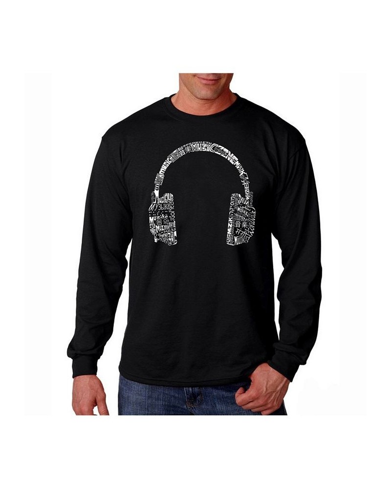 Men's Word Art Long Sleeve T-Shirt- Headphones - Music In Different Languages Black $17.20 T-Shirts