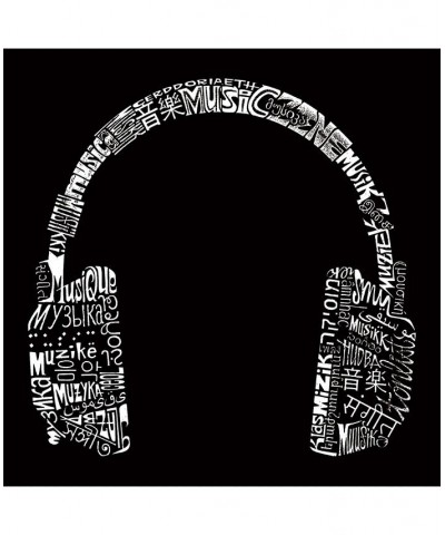 Men's Word Art Long Sleeve T-Shirt- Headphones - Music In Different Languages Black $17.20 T-Shirts