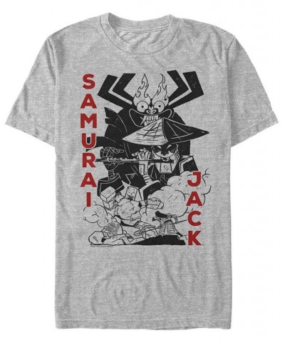 Men's Samurai Jack Aku Battle Woodblock Print Short Sleeve T- shirt Gray $14.35 T-Shirts