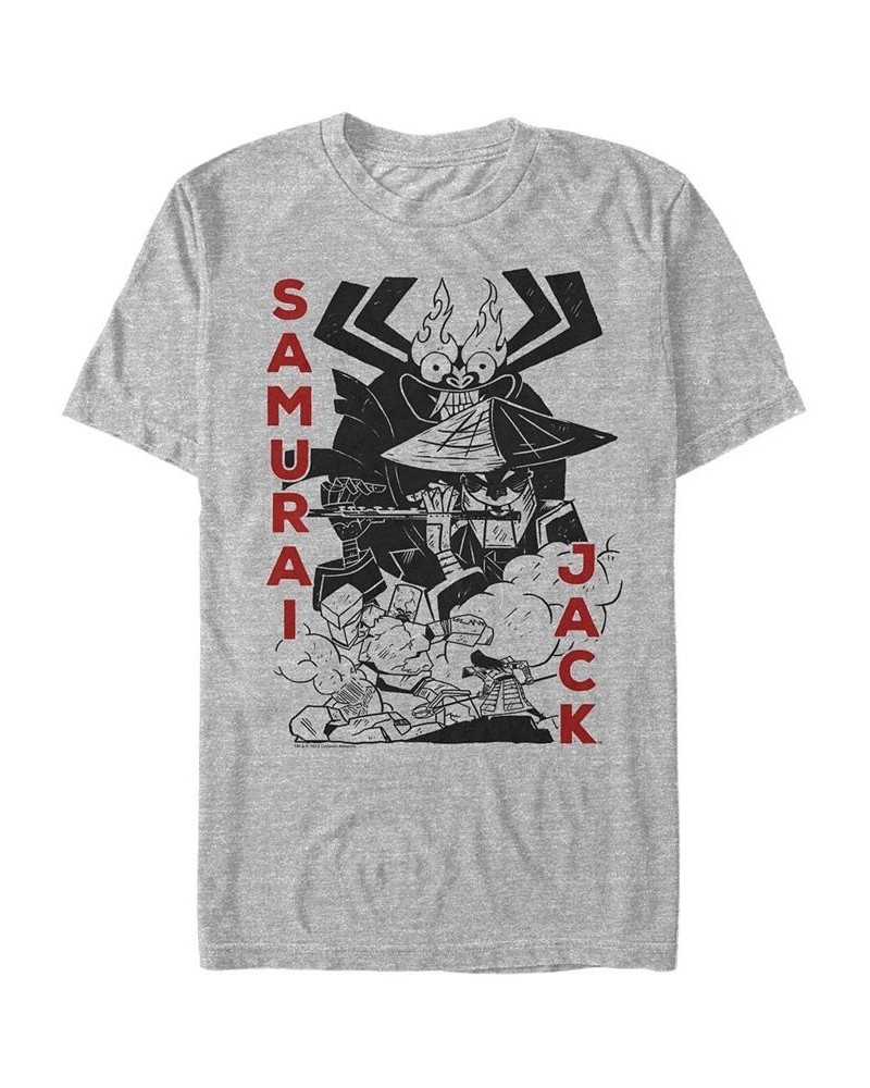 Men's Samurai Jack Aku Battle Woodblock Print Short Sleeve T- shirt Gray $14.35 T-Shirts