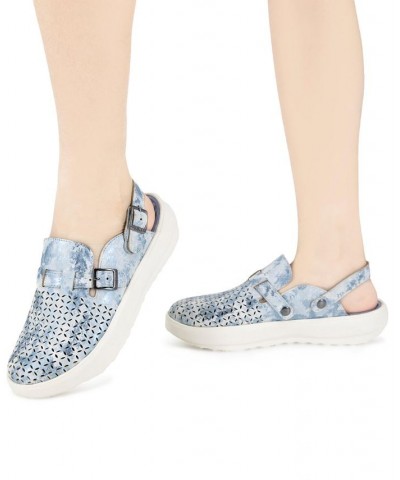 Women's Plato Slip-On Perforated Buckled Slingback Flats Blue $42.72 Shoes