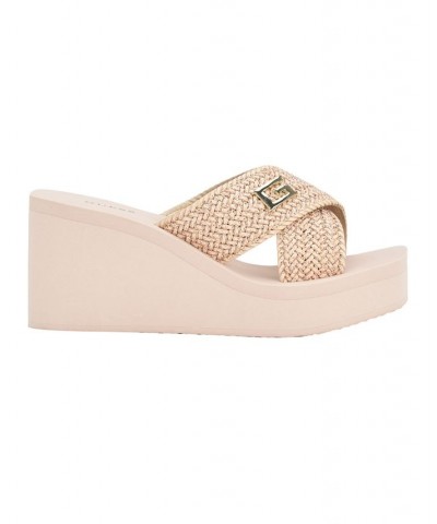 Women's Danvi Woven Mid Wedge Eva Slide With Logo Hardware Tan/Beige $31.05 Shoes