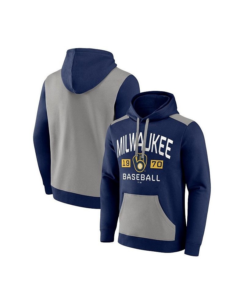 Men's Branded Navy, Gray Milwaukee Brewers Chip In Team Pullover Hoodie $38.99 Sweatshirt