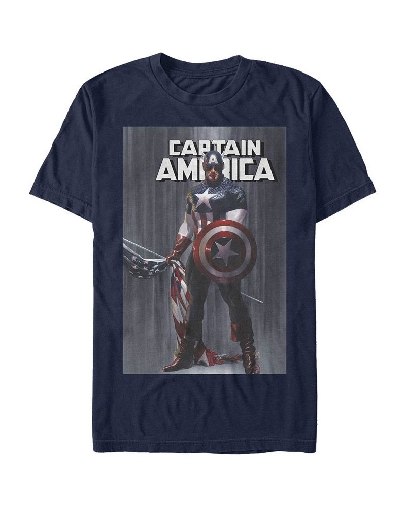 Marvel Men's Comic Collection Captain America With Standing Flag Short Sleeve T-Shirt Blue $18.54 T-Shirts