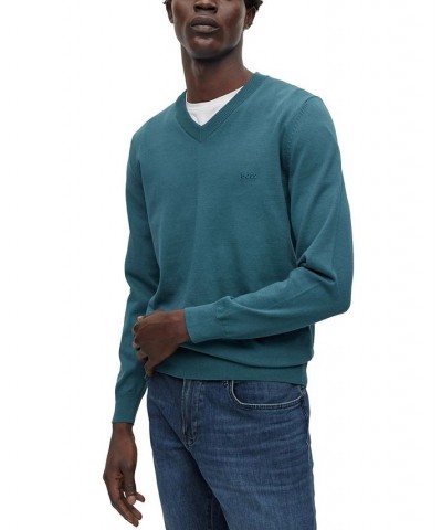 BOSS Men's V-Neck Cotton Embroidered Logo Sweater Blue $63.20 Sweaters