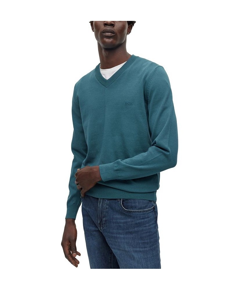 BOSS Men's V-Neck Cotton Embroidered Logo Sweater Blue $63.20 Sweaters