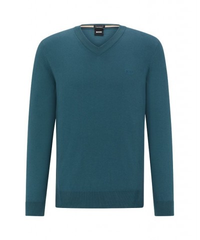 BOSS Men's V-Neck Cotton Embroidered Logo Sweater Blue $63.20 Sweaters