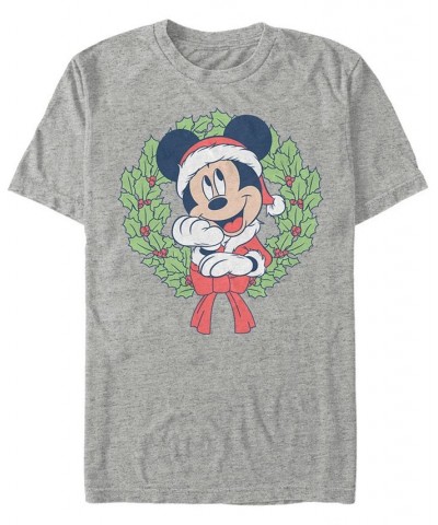 Men's Mickey Classic Mickey Christmas Wreath Short Sleeves T-shirt Gray $15.75 T-Shirts