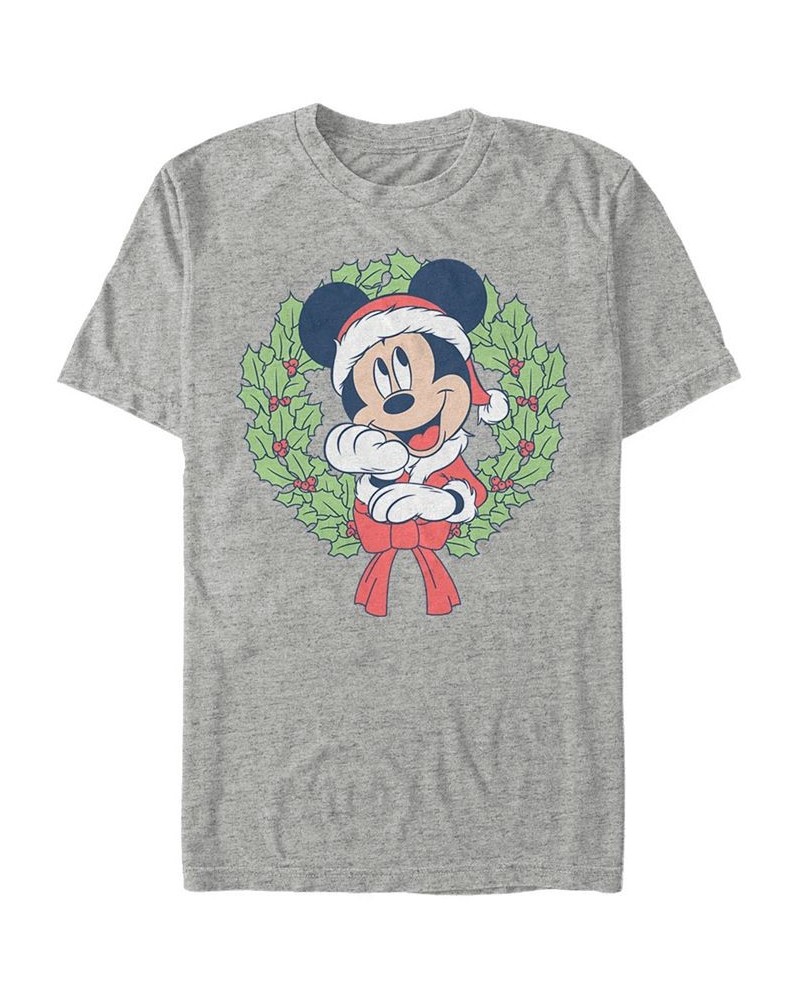 Men's Mickey Classic Mickey Christmas Wreath Short Sleeves T-shirt Gray $15.75 T-Shirts