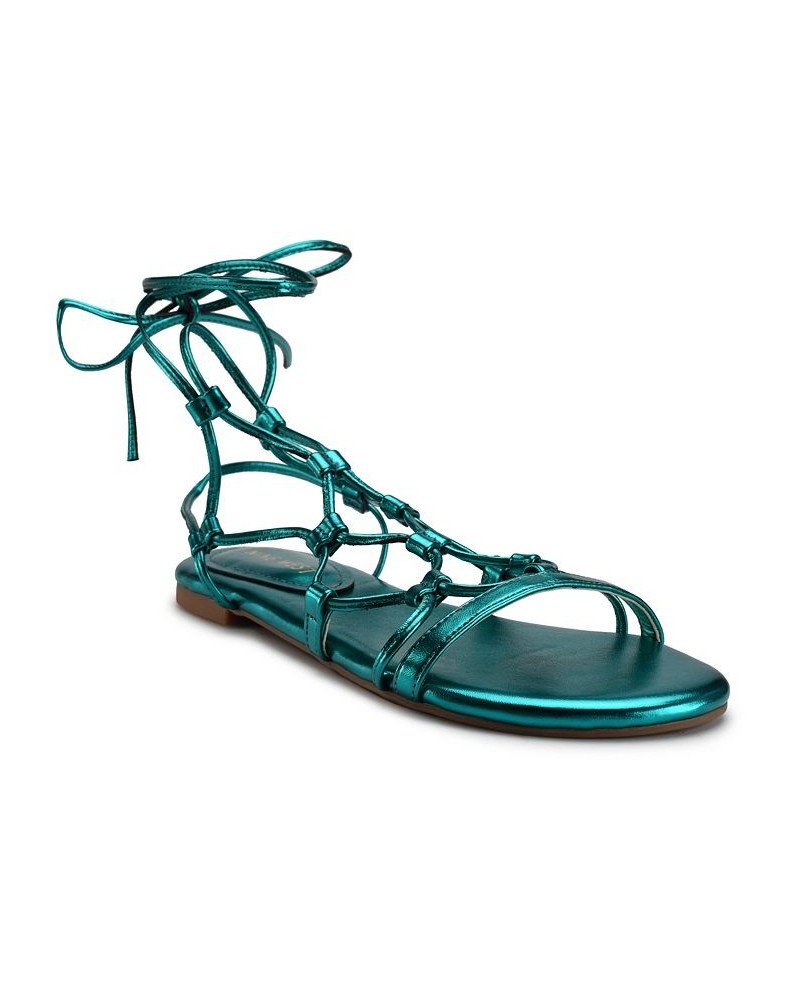 Women's Button Ankle Wrap Flat Sandals Green $41.83 Shoes