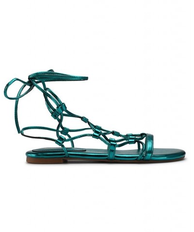 Women's Button Ankle Wrap Flat Sandals Green $41.83 Shoes