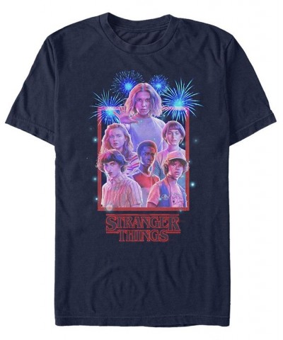 Stranger Things Men's Group Shot Fireworks Poster Short Sleeve T-Shirt Blue $19.59 T-Shirts