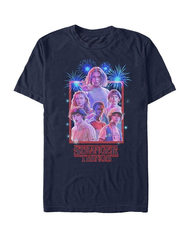 Stranger Things Men's Group Shot Fireworks Poster Short Sleeve T-Shirt Blue $19.59 T-Shirts