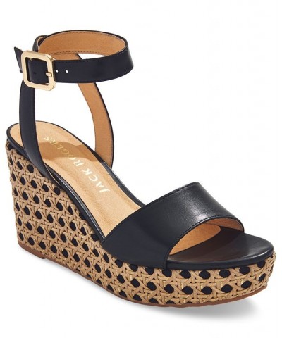 Women's Merrain Caning Espadrille Wedge Sandals Black $63.84 Shoes