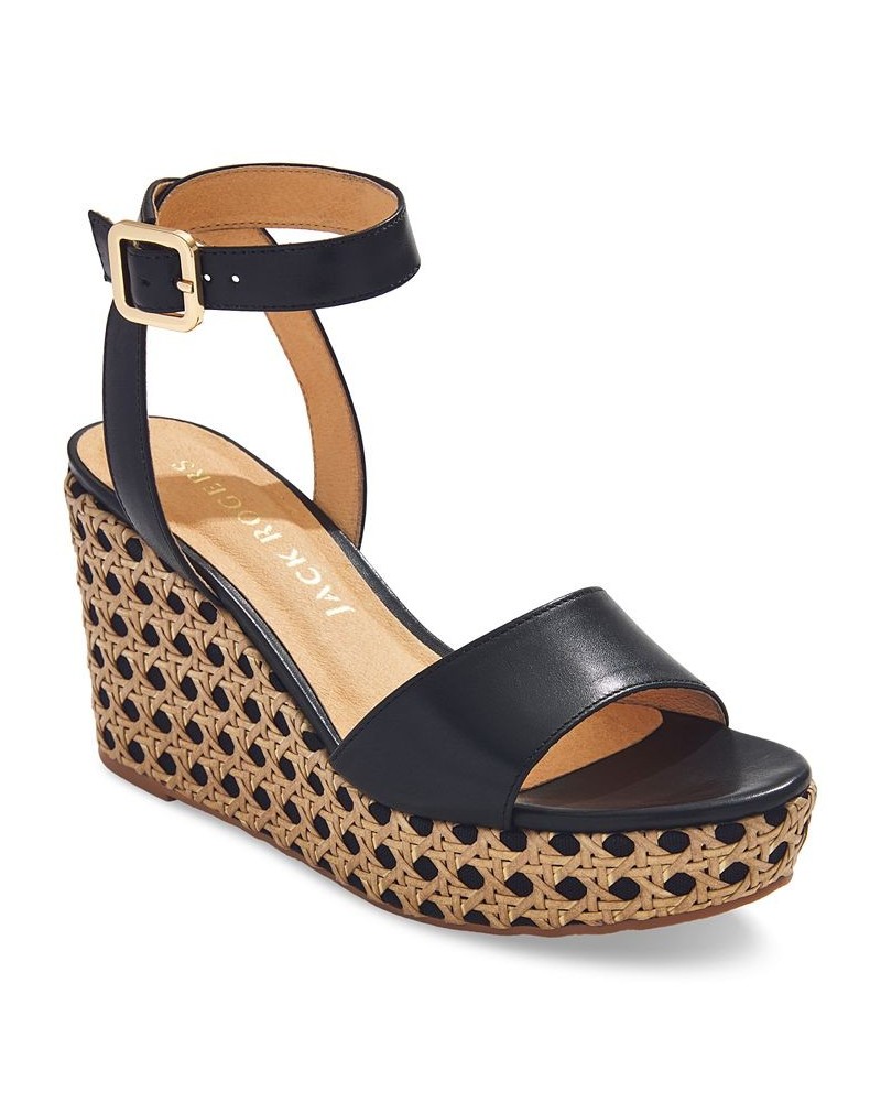 Women's Merrain Caning Espadrille Wedge Sandals Black $63.84 Shoes