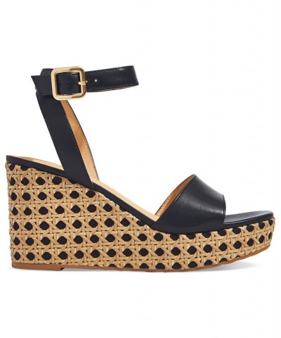 Women's Merrain Caning Espadrille Wedge Sandals Black $63.84 Shoes