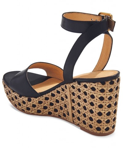 Women's Merrain Caning Espadrille Wedge Sandals Black $63.84 Shoes