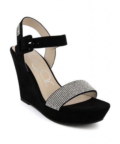 Women's Chili Rhinestone Wedge Sandals Black $18.90 Shoes