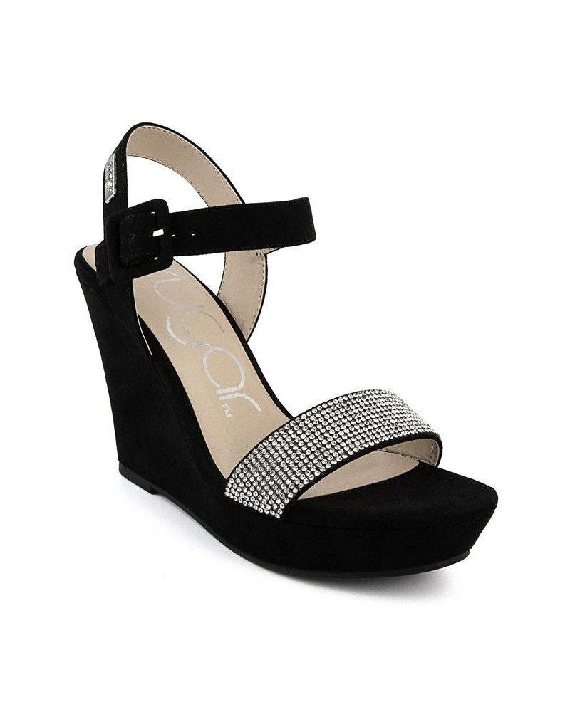 Women's Chili Rhinestone Wedge Sandals Black $18.90 Shoes