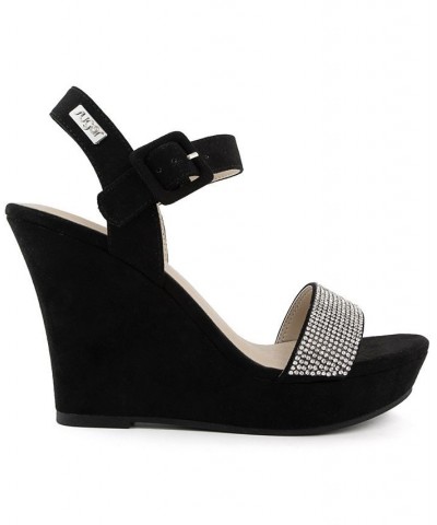 Women's Chili Rhinestone Wedge Sandals Black $18.90 Shoes