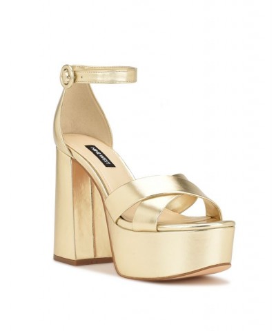 Women's Willie Block Heel Platform Dress Sandals Yellow $59.50 Shoes