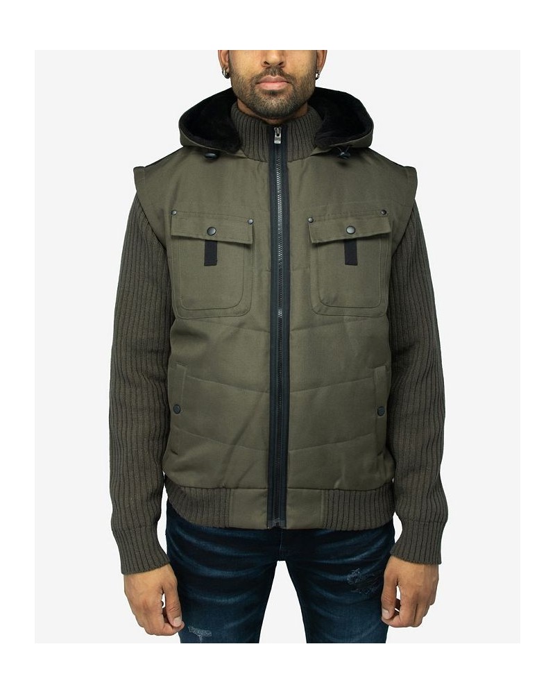 Men's Canvas Flap Pocket Full Zip Sweater Jacket with Sherpa Hood Green $37.80 Sweaters