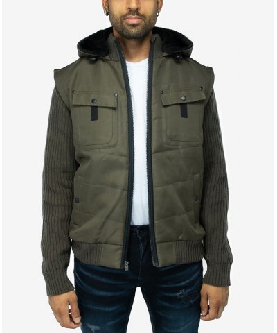 Men's Canvas Flap Pocket Full Zip Sweater Jacket with Sherpa Hood Green $37.80 Sweaters