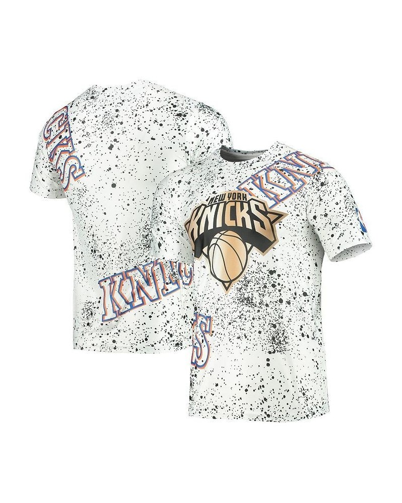 Men's White New York Knicks Gold Foil Splatter Print T-shirt $25.84 T-Shirts