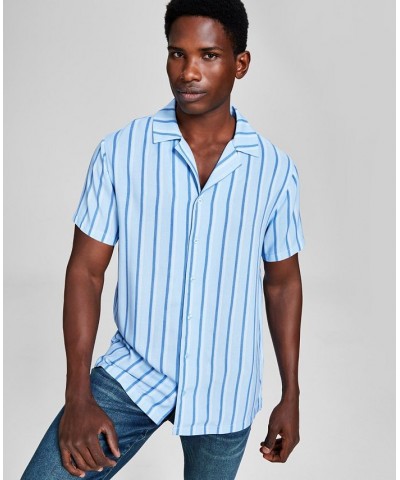 Men's Striped Woven Short Sleeve Camp Shirt Blue $15.77 Shirts