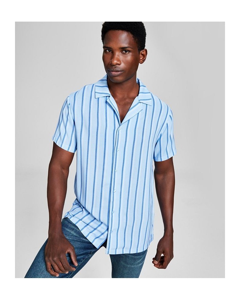 Men's Striped Woven Short Sleeve Camp Shirt Blue $15.77 Shirts