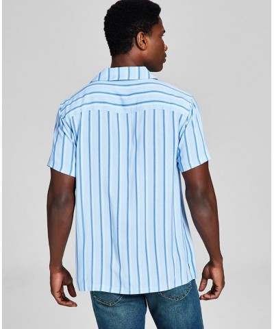 Men's Striped Woven Short Sleeve Camp Shirt Blue $15.77 Shirts