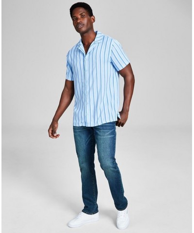 Men's Striped Woven Short Sleeve Camp Shirt Blue $15.77 Shirts