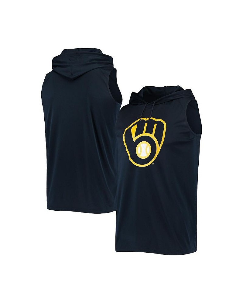 Men's Navy Milwaukee Brewers Sleeveless Pullover Hoodie $32.47 T-Shirts