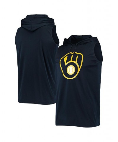 Men's Navy Milwaukee Brewers Sleeveless Pullover Hoodie $32.47 T-Shirts