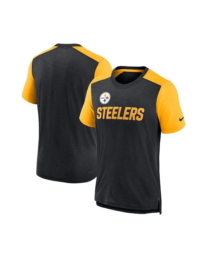 Men's Heathered Black and Heathered Gold Pittsburgh Steelers Color Block Team Name T-shirt $27.95 T-Shirts