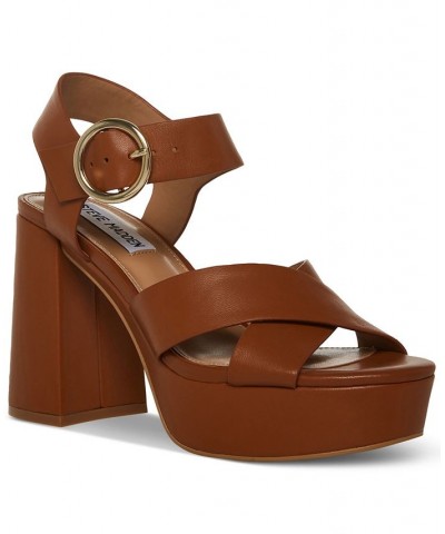 Women's Elkin Ankle-Strap Crisscross Platform Sandals Brown $51.17 Shoes