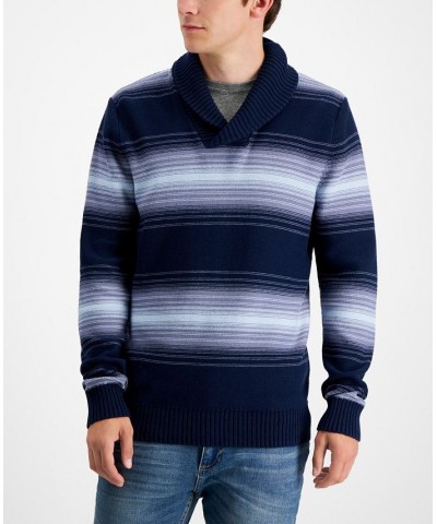 Men's Deacon Horizontal Striped Shawl Sweater Blue $9.41 Sweaters