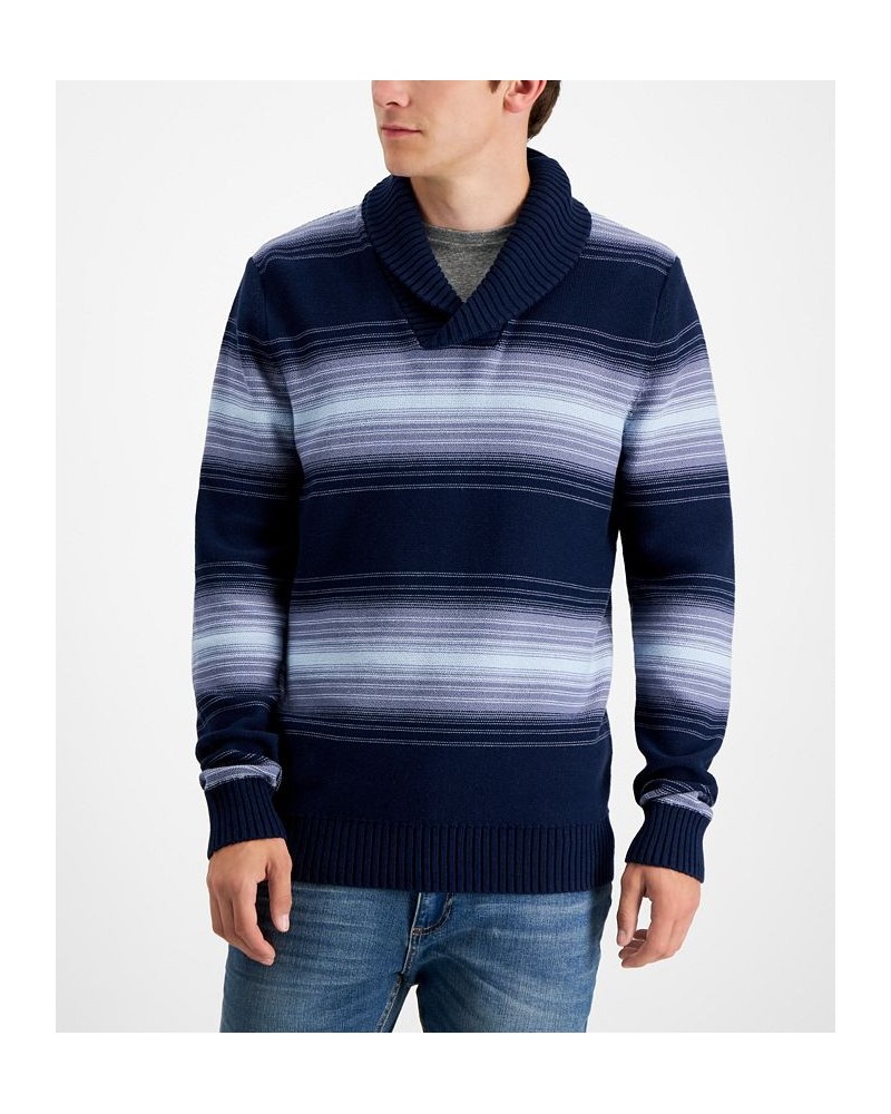 Men's Deacon Horizontal Striped Shawl Sweater Blue $9.41 Sweaters