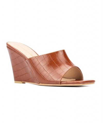 Women's Raina Wide Width Heels Mule Brown $35.17 Shoes