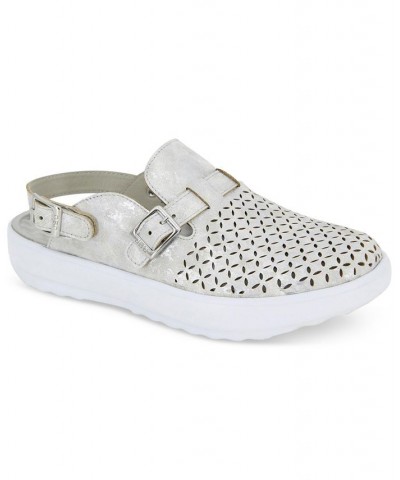 Women's Plato Slip-On Perforated Buckled Slingback Flats Gray $42.72 Shoes