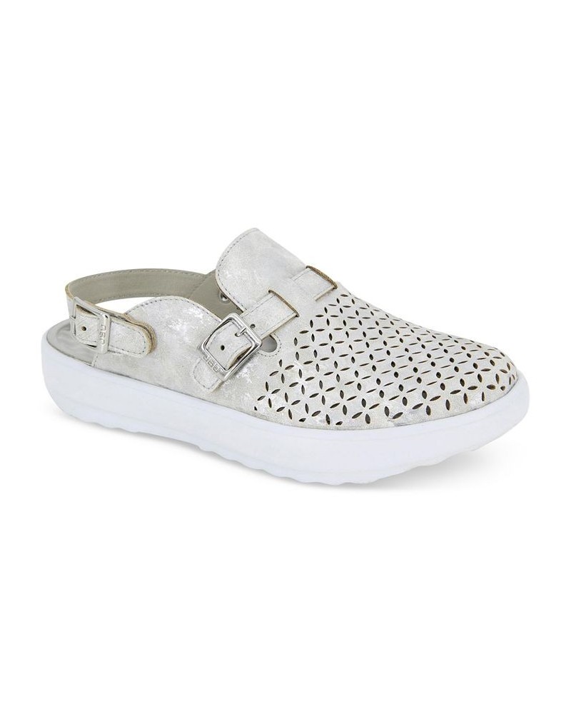 Women's Plato Slip-On Perforated Buckled Slingback Flats Gray $42.72 Shoes