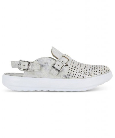 Women's Plato Slip-On Perforated Buckled Slingback Flats Gray $42.72 Shoes