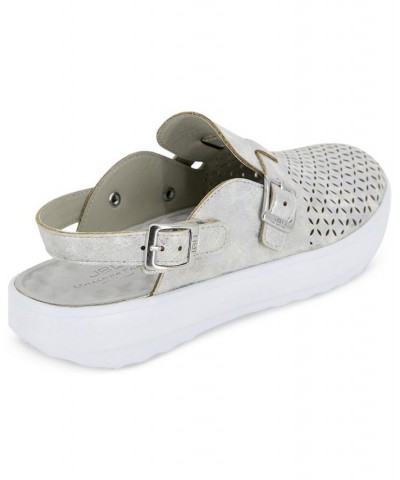 Women's Plato Slip-On Perforated Buckled Slingback Flats Gray $42.72 Shoes