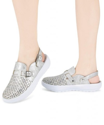 Women's Plato Slip-On Perforated Buckled Slingback Flats Gray $42.72 Shoes